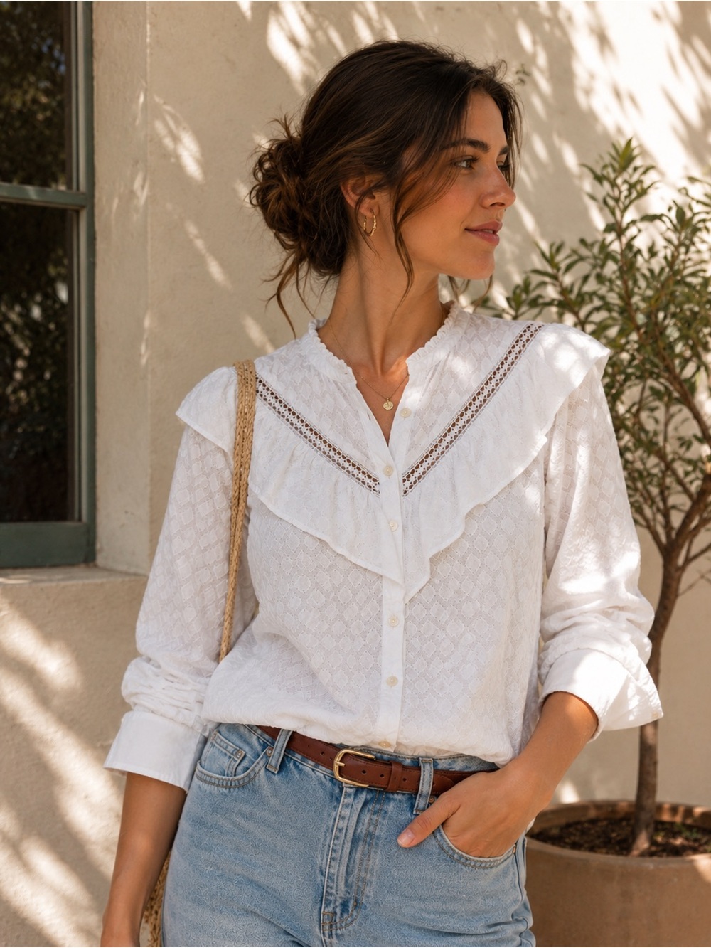 LOFT White Ruffled Lace-Trim Button-Front Blouse